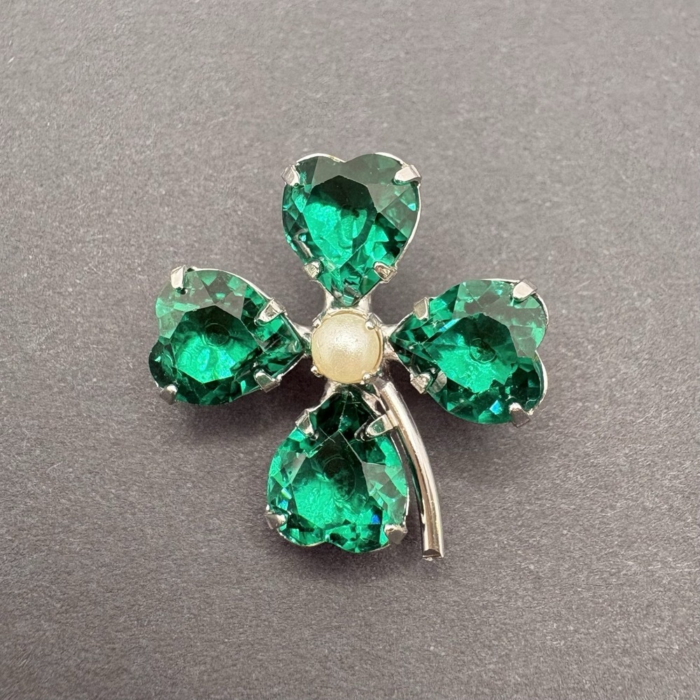 Vintage B David Four Leaf Clover Brooch Green Crystals Faux Pearl Lucky Dainty